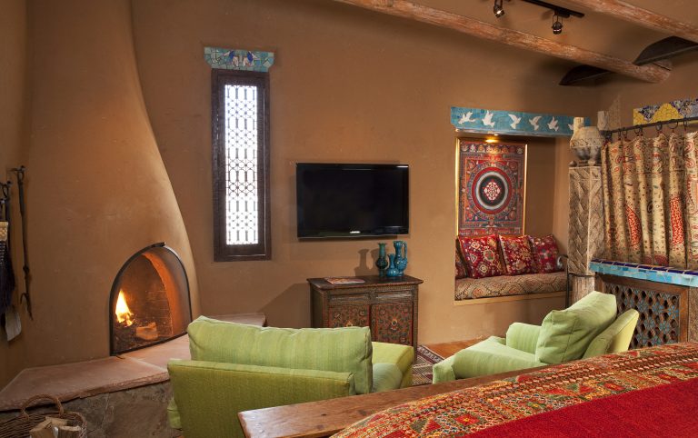 The upstairs bedroom in the Luminaria Villa at The Inn of The Five Graces, a Luxury Boutique hotel and resort in Downtown Santa Fe, New Mexico.