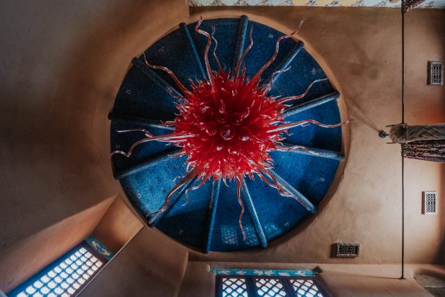 The blown-glass chandelier in the Luminaria Villa at The Inn of The Five Graces, a Luxury Boutique hotel and resort in Downtown Santa Fe, New Mexico.