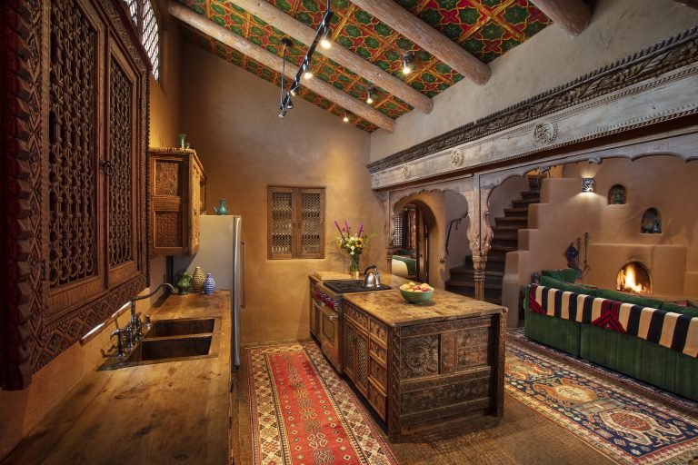 The kitchen in the Luminaria Villa at The Inn of The Five Graces, a Luxury Boutique hotel and resort in Downtown Santa Fe, New Mexico.