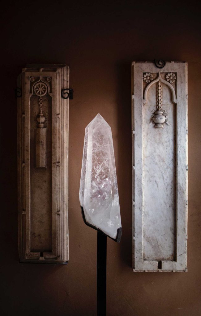Healing crystals and ancient marble at The Spa of The Five Graces, a luxury spa in Downtown Santa Fe, New Mexico.