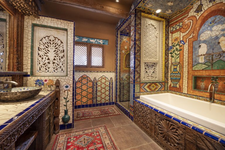 The downstairs bathroom of the Luminaria Villa at The Inn of The Five Graces, a Luxury Boutique Hotel and Resort in downtown Santa Fe, New Mexico.