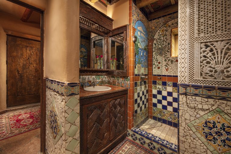 The bathroom in Camelia, one of our suites at The Inn of The Five Graces, a Luxury Boutique Hotel and resort in Downtown Santa Fe, New Mexico.