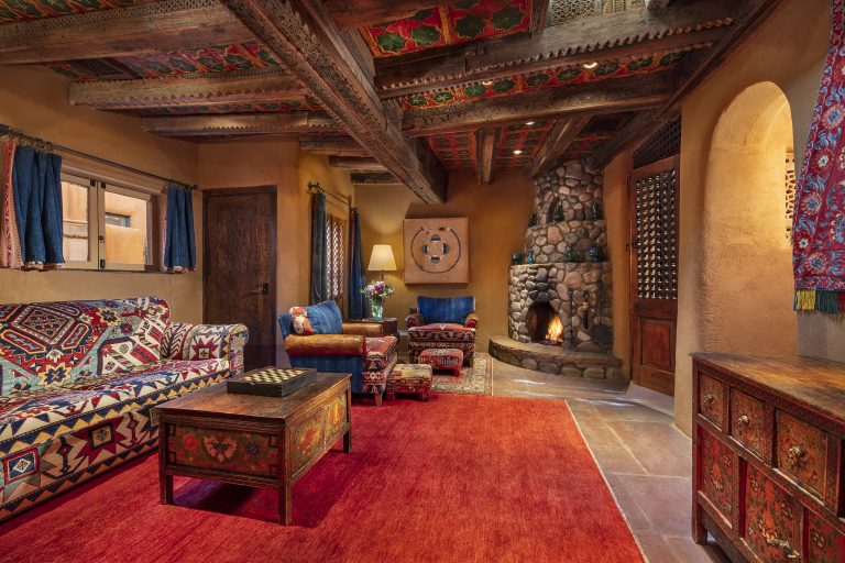 The living room in Cottonwood, one of our suites at The Inn of The Five Graces, a Luxury Boutique Hotel and resort in Downtown Santa Fe, New Mexico.