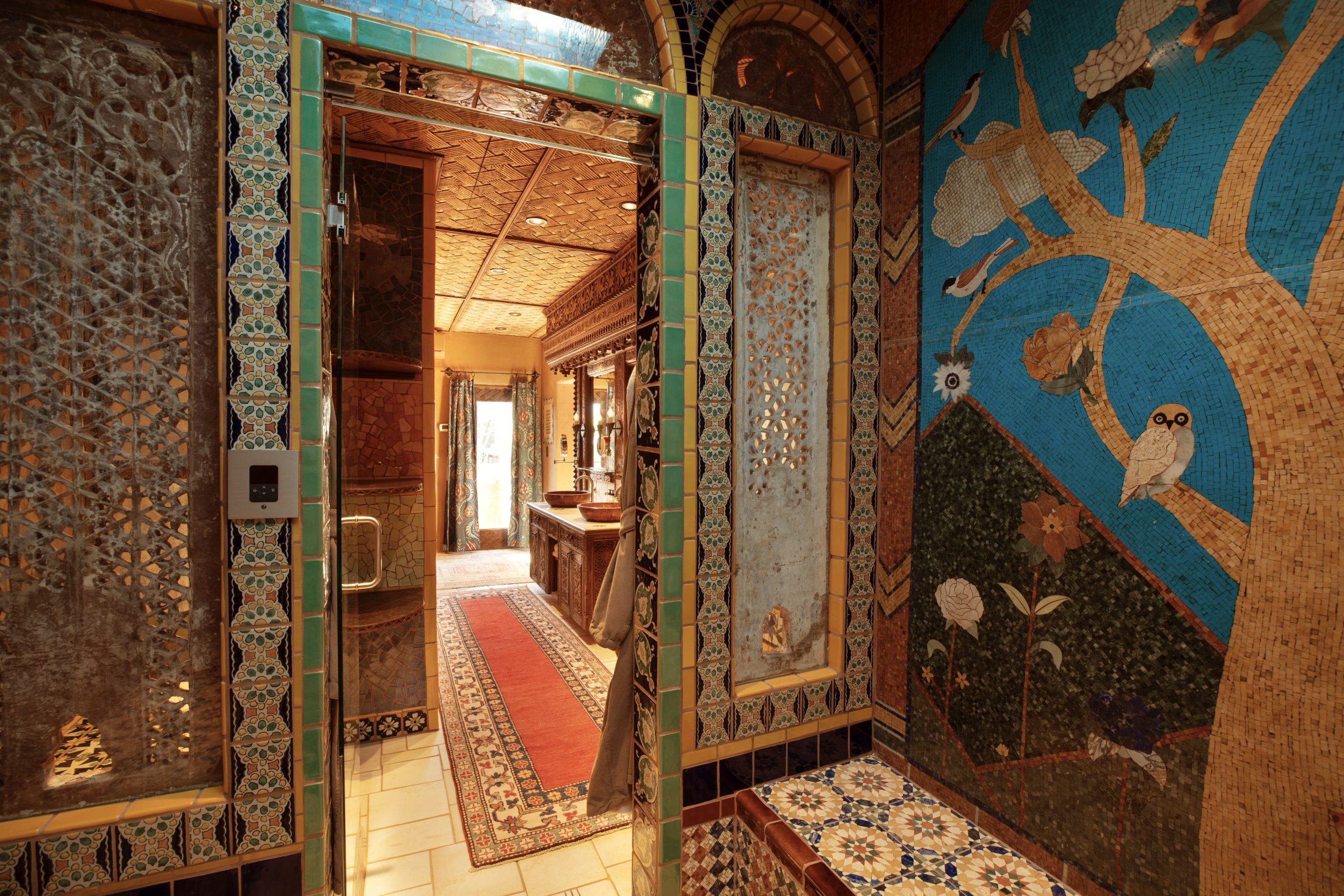 The shower in Adobe Rose; the newest suite at The Inn of The Five Graces, a Luxury Boutique Hotel and resort in Downtown Santa Fe, New Mexico.