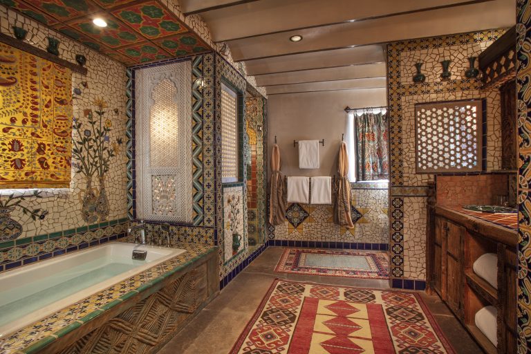 The bathroom in Magnolia, one of our suites at The Inn of The Five Graces, a Luxury Boutique Hotel and resort in Downtown Santa Fe, New Mexico.