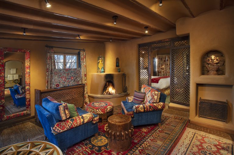 The living room in Magnolia, one of our suites at The Inn of The Five Graces, a Luxury Boutique Hotel and resort in Downtown Santa Fe, New Mexico.