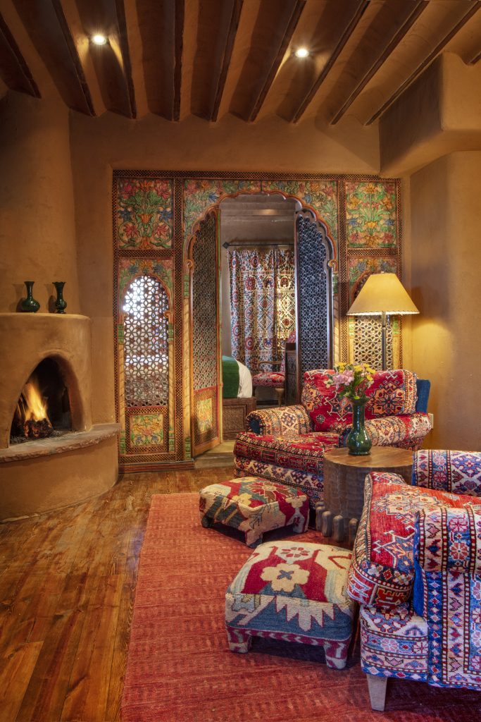 The living room in Magnolia, one of our suites at The Inn of The Five Graces, a Luxury Boutique Hotel and resort in Downtown Santa Fe, New Mexico.