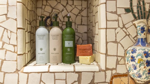 The Inn of The Five Graces is proud to offer Flamingo Estate products in all of our rooms.